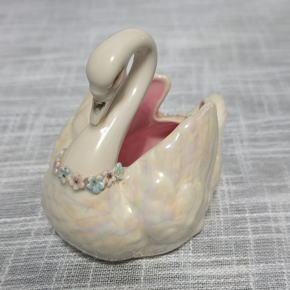 Hand Painted Ceramic Swan Planter White Pink Floral Glazed Signed by HELL